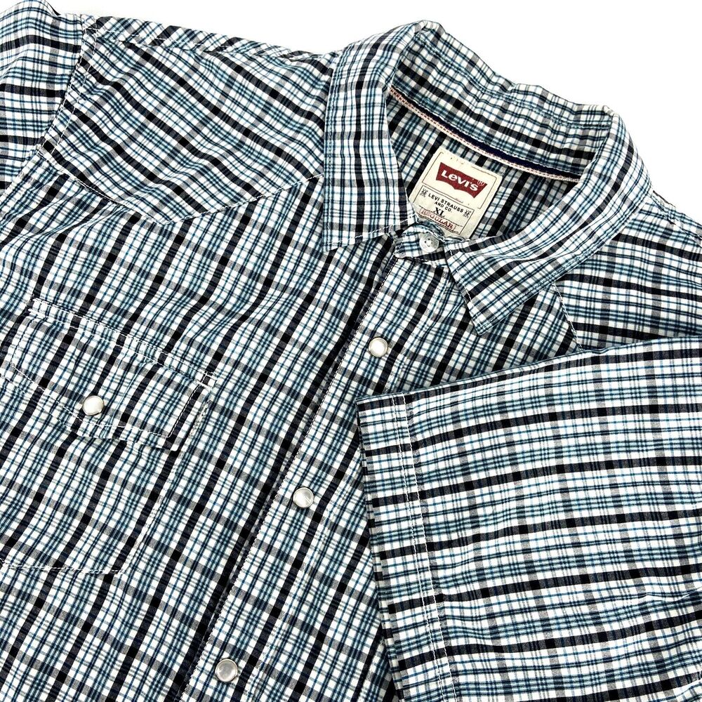 Levi's Men's Pearl Snap Shirt Western Cowboy Blue Plaid Short Sleeve Cotton XL